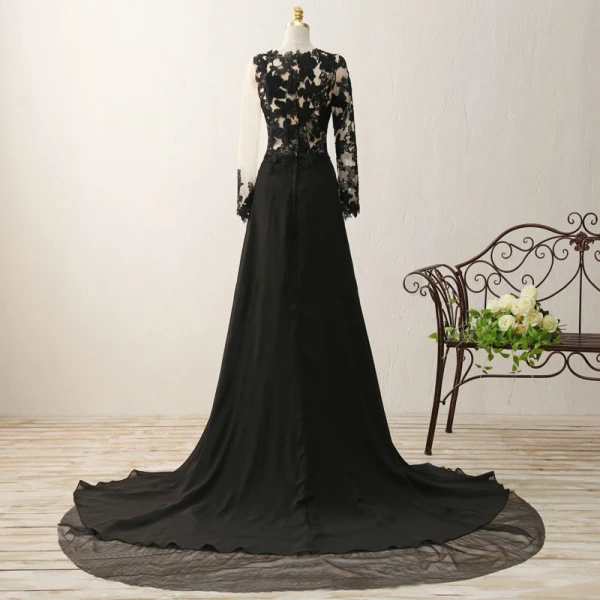 Stunning Pierced Black Evening Dresses 2017 A-Line / Princess Scoop Neck Long Sleeve Appliques Lace Chiffon Formal Dresses Chapel Train