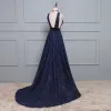 Sexy Marineblau Abendkleider 2017 A Linie V-Ausschnitt Ärmellos Pailletten Stoffgürtel Rückenfreies Festliche Kleider