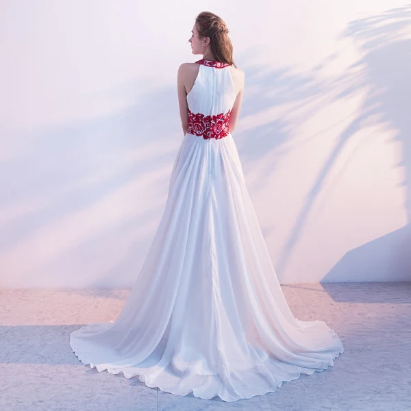 Elegante Weiß Abendkleider 2017 A Linie Ärmellos Rundhalsausschnitt Blumen Mit Spitze Stoffgürtel Rüschen Chiffon Festliche Kleider Hof-Schleppe