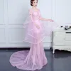 Schöne Pink Abendkleider 2017 Empire V-Ausschnitt Spitze Knöchelriemen Rückenfreies Durchbohrt Abend Unique Festliche Kleider