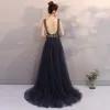 Luxury / Gorgeous Navy Blue Evening Dresses  2017 A-Line / Princess V-Neck Lace Handmade  Rhinestone Beading Appliques Backless Evening Party Formal Dresses