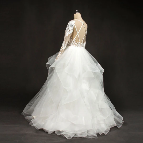 Stunning White Wedding Dresses 2017 Scoop Neck Long Sleeve Backless Pierced Lace Pleated Organza Floor-Length / Long Ball Gown