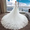 Elegant Ivory Wedding Dresses 2017 A-Line / Princess V-Neck Long Sleeve Backless Appliques Lace Beading Pearl