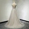 Chic / Beautiful Grey Prom Dresses 2017 A-Line / Princess Scoop Neck Sleeveless Beading Ruffle Tulle Backless Formal Dresses Sweep Train