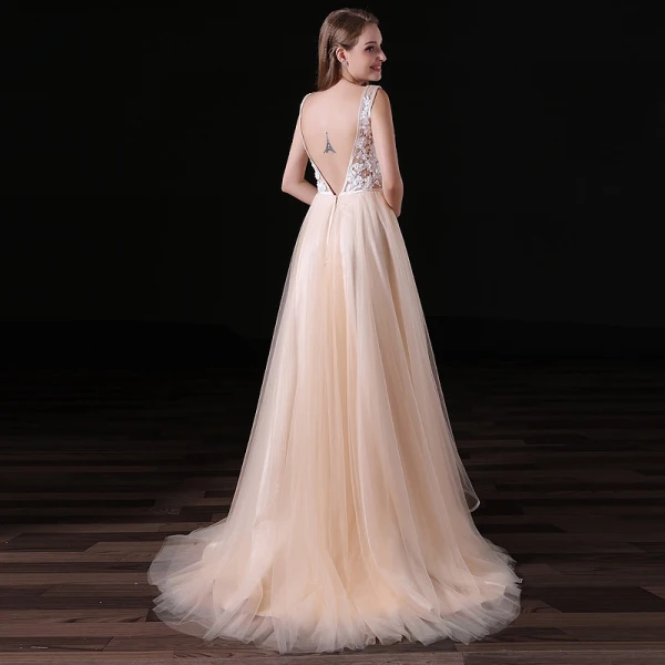 Chic / Beautiful Champagne Backless Wedding Dresses 2017 A-Line / Princess V-Neck Shoulders Sleeveless Beading Pearl Court Train