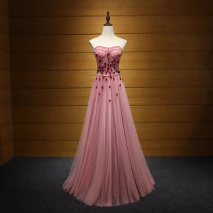 Chic Belle Rougissant Rose Robe De Soirée 2017 Princesse Bustier Tulle Perlage Appliques Dos Nu Soirée Robe De Ceremonie