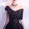 Único Negro Vestidos de noche 2017 A-Line / Princess V-Cuello Tul Apliques Sin Espalda Rebordear Noche Vestidos Formales