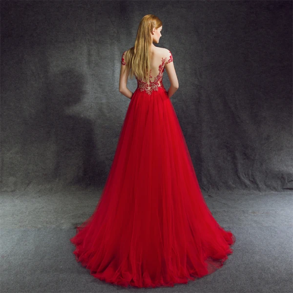 Stunning Red Evening Dresses 2018 A-Line / Princess Scoop Neck Zipper Up Beading Floor-Length / Long Ruffle Tulle Formal Dresses