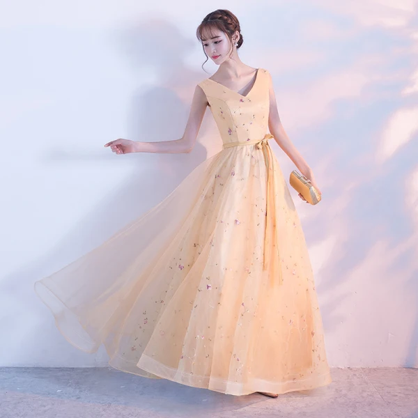 Chic / Beautiful Gold Evening Dresses  2017 A-Line / Princess V-Neck Tulle Backless Appliques Evening Party Prom Dresses