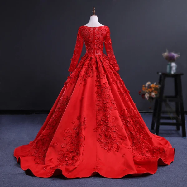 Charming Red See-through Prom Dresses 2018 Ball Gown Scoop Neck Long Sleeve Appliques Flower Chapel Train Ruffle Formal Dresses