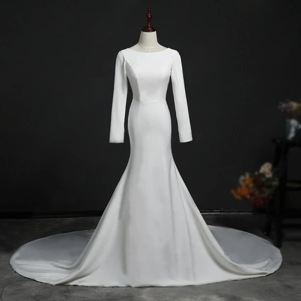 Modest / Simple Ivory Wedding Dresses 2018 Trumpet / Mermaid Scoop Neck Long Sleeve Backless Cathedral Train