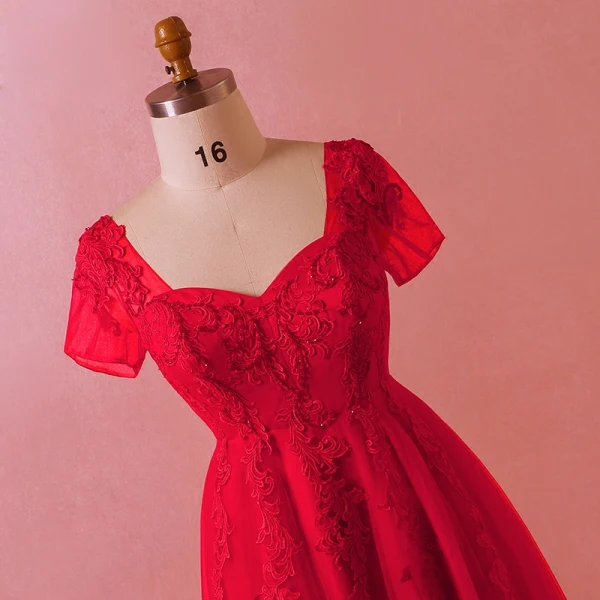 Chic / Belle Rouge Grande Taille Robe De Soirée 2018 Princesse U-Cou Tulle En Dentelle Bretelles croisées Appliques Dos Nu Perlage Été Soirée Robe De Ceremonie