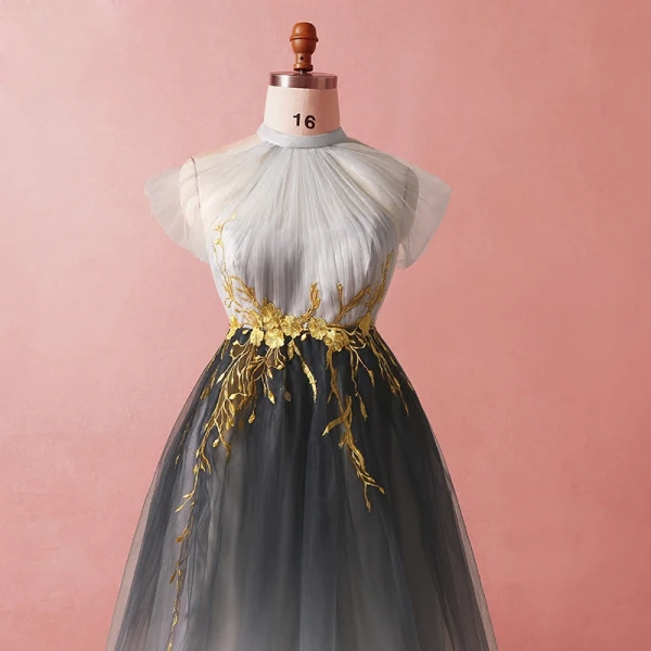 Chic / Belle Gris Grande Taille Robe De Soirée 2018 Princesse Tulle Col Haut Bretelles croisées Appliques Dos Nu Été Soirée Robe De Ceremonie