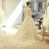Elegant Ivory Wedding Dresses 2018 A-Line / Princess V-Neck Beading Sash Ruffle Chapel Train