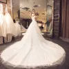 Stunning White Wedding Dresses 2018 A-Line / Princess Off-The-Shoulder Short Sleeve Appliques Lace Flower Crossed Straps Ruffle Tulle Chapel Train
