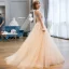 Chic / Beautiful Champagne Tulle Wedding Dresses 2017 A-Line / Princess Scoop Neck Sleeveless Crossed Straps Appliques Lace Sweep Train
