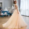 Chic / Beautiful Champagne Tulle Wedding Dresses 2017 A-Line / Princess Scoop Neck Sleeveless Crossed Straps Appliques Lace Sweep Train