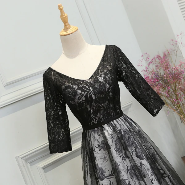 Flower Fairy Black Court Train Evening Dresses  2018 A-Line / Princess V-Neck Backless Printing Charmeuse Evening Party Prom Dresses