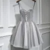 Chic / Beautiful Grey Short Graduation Dresses 2018 A-Line / Princess Tulle Appliques Backless Beading Strapless Homecoming Formal Dresses
