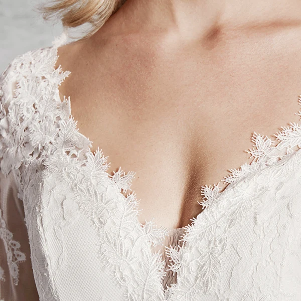 Modern / Fashion Sexy Ivory Wedding Dresses 2020 Trumpet / Mermaid V-Neck 3D Lace Long Sleeve Appliques Backless Embroidered Sweep Train Wedding