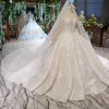 Luxury / Gorgeous Champagne Ball Gown Wedding Dresses 2020 High Neck Long Sleeve Lace Tulle Handmade  Beading Backless Rhinestone Sequins Cathedral Train Wedding