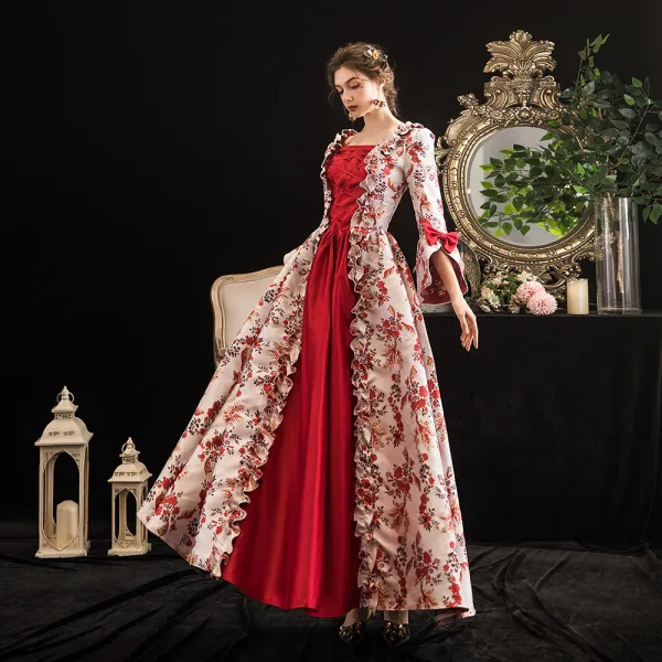 Vintage / Retro Medieval Burgundy Ball Gown A-Line / Princess Evening Dresses  Prom Dresses 2021 Crossed Straps Floor-Length / Long Square Neckline 1/2 Sleeves Printing Flower Satin Cosplay Prom Evening Party Formal Dresses