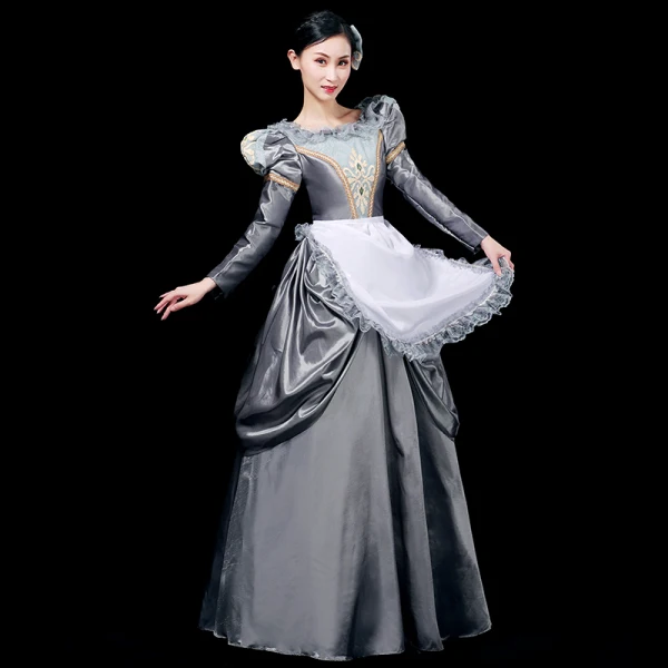 Vintage / Retro Medieval Grey Ball Gown Prom Dresses 2021 U-Neck Long Sleeve Floor-Length / Long Crossed Straps Lace Embroidered Cosplay Prom Formal Dresses