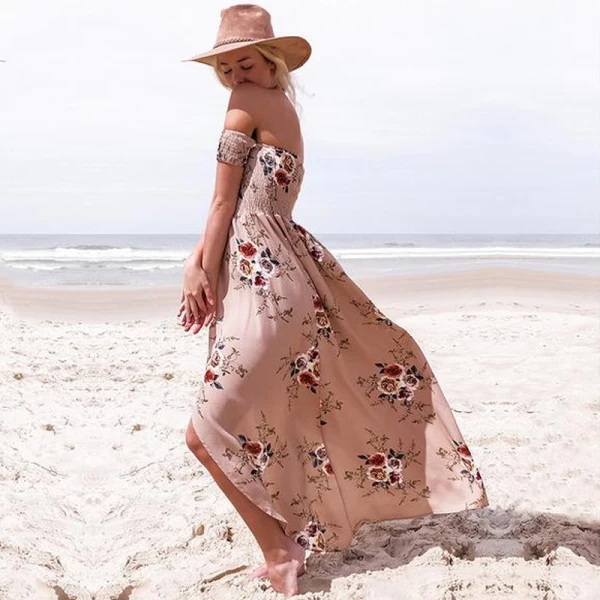 Mote Rødmende Rosa Te-lengde Maxikjoler 2018 Prinsesse Chiffon Brodert Printing Strapless Strand Dameklær
