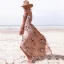Mote Rødmende Rosa Te-lengde Maxikjoler 2018 Prinsesse Chiffon Brodert Printing Strapless Strand Dameklær