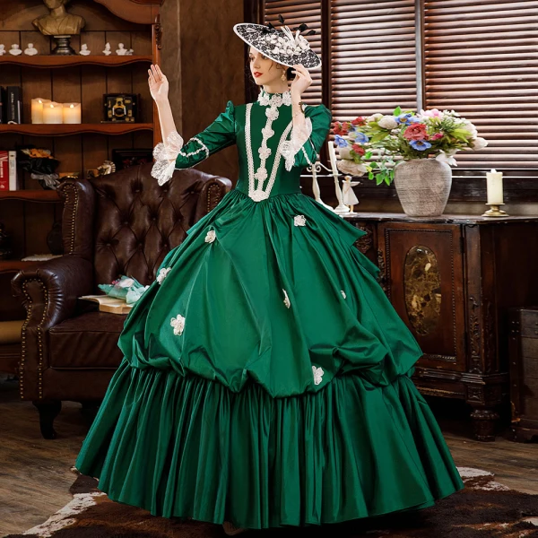 Vintage / Retro Antique Dark Green Ball Gown Evening Dresses  2021 3D Lace Beading Pearl Flower Floor-Length / Long Long Sleeve Scoop Neck Cosplay Dancing Prom Dresses Winter Formal Dresses