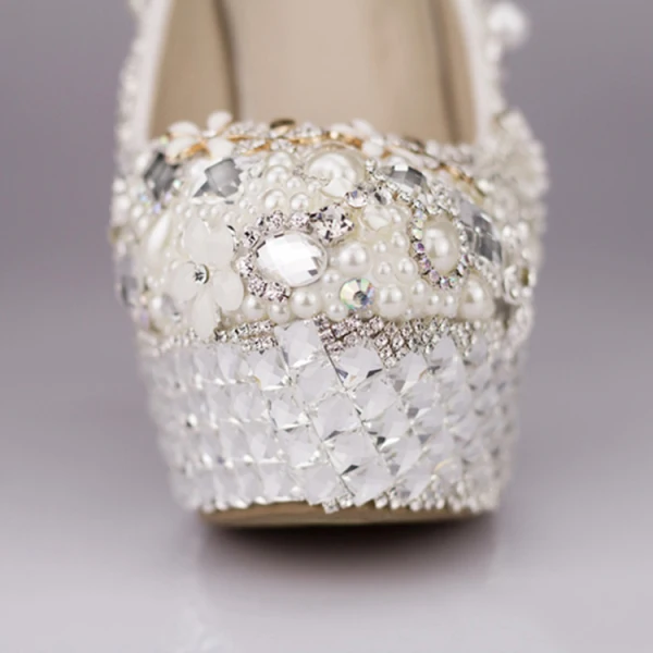Fine 2017 14 cm Hvit Casual PU Krystall Rhinestone Høyhælte Stiletthæler Pumps Brudesko