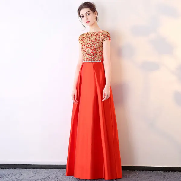 Affordable Royal Blue Evening Dresses  2017 Short Sleeve Beading Rhinestone Sash Ruffle Satin Formal Dresses