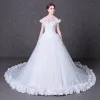 Chic / Beautiful Flower Wedding Dresses 2017 Off-The-Shoulder Outdoor / Garden White Ball Gown
