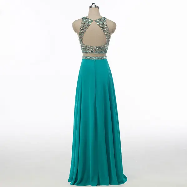 Sparkly Rhinestone Prom Dresses 2017 A-Line / Princess Scoop Neck Sleeveless Heart-shaped Backless Beading Sequins Jade Green Chiffon Floor-Length / Long Formal Dresses