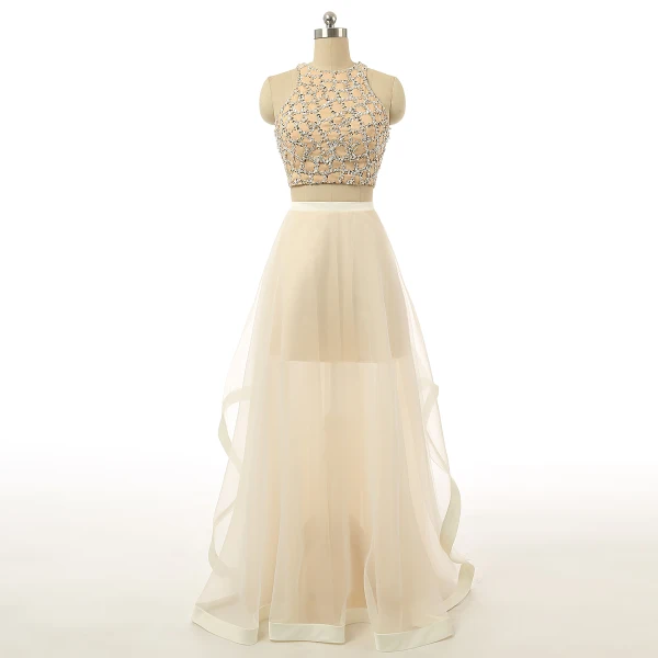 Glittrande 2 Bit Blå Balklänningar 2017 Prinsessa Urringning Ärmlös Beading Pärla Paljetter Ruffle Satin Blå Chiffong Långa Formella Klänningar