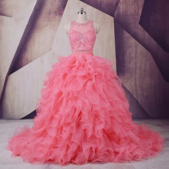 Vintage Originale Watermelon Rouge Robe De Bal 2017 Robe Boule Encolure Dégagée Sans Manches Perlage Faux Diamant Paillettes Volants En Cascade Organza Robe De Ceremonie Tribunal Train
