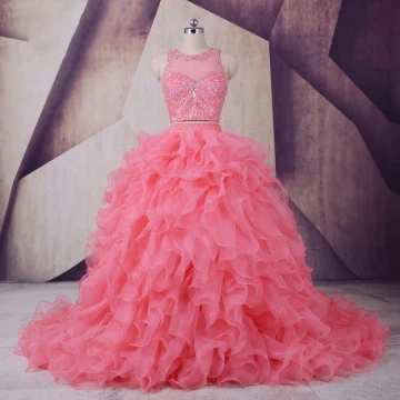 Vintage Watermelon Prom Dresses 2017 Ball Gown Scoop Neck Sleeveless Beading Rhinestone Sequins Cascading Ruffles Organza Formal Dresses Court Train
