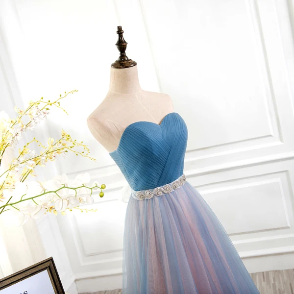 Chic / Beautiful 2017 Evening Dresses  Sky Blue Chiffon Striped Strapless Rhinestone A-Line / Princess Formal Dresses