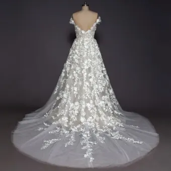 Luxury Gorgeous Champagne Beach Wedding Dresses 2017 A Line Princess Scoop Neck Short Sleeve Appliques Lace Backless Detachable Chapel Train