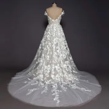Luxe Champagne Strand Trouwjurken 2017 A Lijn Ronde Hals Korte Mouwen Appliques Kanten Ruglooze Afneembaar Chapel Train