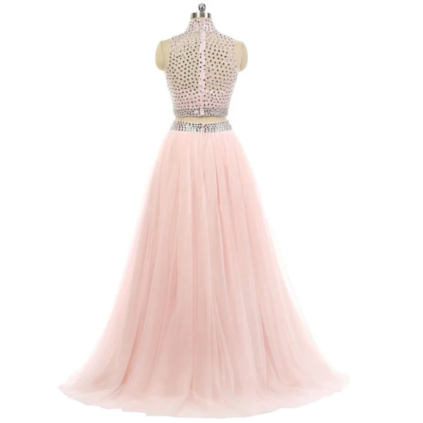 Scintillantes 2 Pièces Rose Bonbon Robe De Bal 2017 Princesse Col Haut Sans Manches Perlage Faux Diamant Tulle Robe De Ceremonie Train De Balayage
