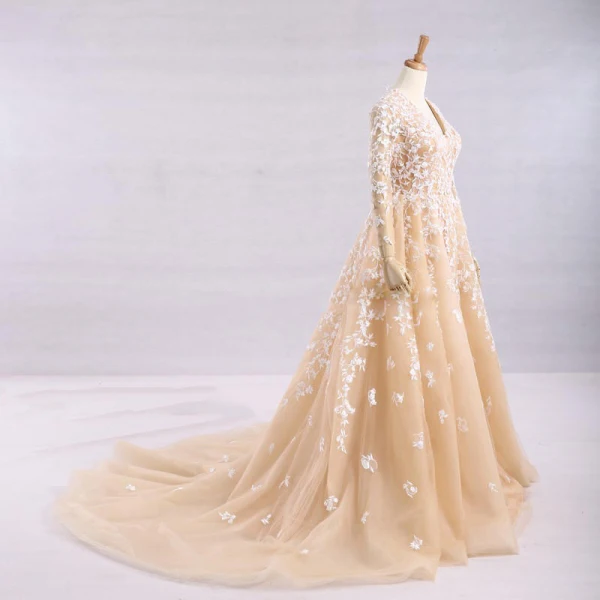 Elegant Champagne Wedding Dresses 2017 A-Line / Princess V-Neck Long Sleeve Appliques Lace Ruffle Tulle Chapel Train