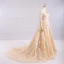 Elegant Champagne Wedding Dresses 2017 A-Line / Princess V-Neck Long Sleeve Appliques Lace Ruffle Tulle Chapel Train