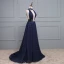 Sexy Bleu Marine Robe De Soirée 2017 Princesse V-Cou Sans Manches Paillettes Ceinture Dos Nu Robe De Ceremonie