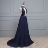 Sexy Marineblau Abendkleider 2017 A Linie V-Ausschnitt Ärmellos Pailletten Stoffgürtel Rückenfreies Festliche Kleider