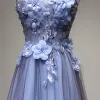 Chic / Beautiful Black Sky Blue Prom Dresses 2017 A-Line / Princess V-Neck Sleeveless Crossed Straps Appliques Flower Backless Beading Floor-Length / Long Formal Dresses