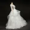 Stunning White Wedding Dresses 2017 Scoop Neck Long Sleeve Backless Pierced Lace Pleated Organza Floor-Length / Long Ball Gown