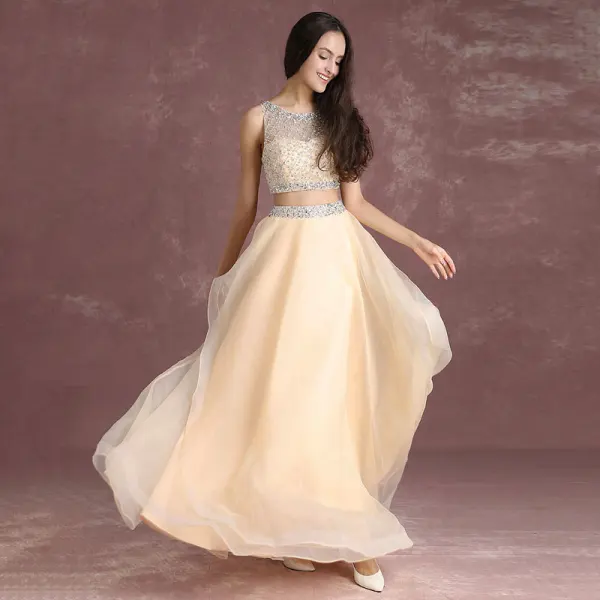 Bling Bling 2 Piece Nude Prom Dresses 2017 A-Line / Princess Scoop Neck Sleeveless Ruffle Organza Beading Sequins Floor-Length / Long Formal Dresses