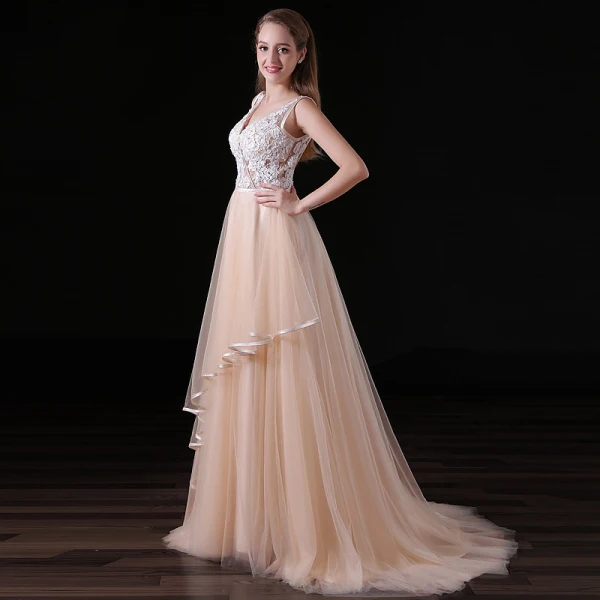 Chic / Beautiful Champagne Backless Wedding Dresses 2017 A-Line / Princess V-Neck Shoulders Sleeveless Beading Pearl Court Train