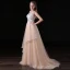 Chic / Beautiful Champagne Backless Wedding Dresses 2017 A-Line / Princess V-Neck Shoulders Sleeveless Beading Pearl Court Train
